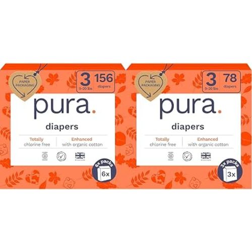 Pura Size 3 Eco-Friendly Diapers, Totally Chlorine Free, Hypoallergenic, Soft Organic Cotton, Sustainable, up to 12 Hours Leak Protection, Allergy UK, 26 Count (Pack of 1)