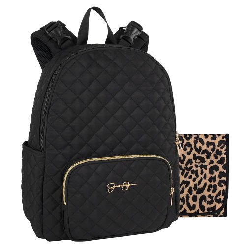 Jessica Simpson Black Quilted Diaper Bag Backpack 2 Piece Set with Insulated Pockets, Stroller Straps, Portable Changing Pad (Camille (No Fanny Pack))