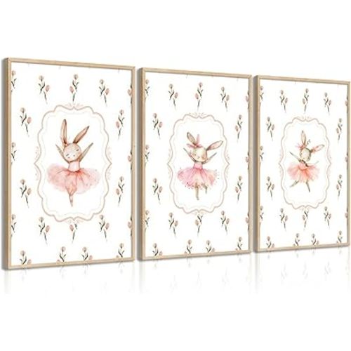 3Pcs Pink Ballet Bunny Nursery Wall Art Cute Rabbit Painting Picture Wall Decor Pink Dress Flower Poster Print Artwork for Girls Room Kids Room Baby Room Bedhome Home Decoration
