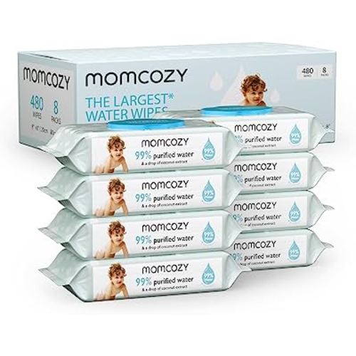 Baby Wipes, Momcozy Water Wipes-Extra Large Size Design, 99% Water Based Wipes & a Drop of Coconut Extract, Unscented & Hypoallergenic for Sensitive Skin, 8 Flip-Top Packs (480 Wipes Total)