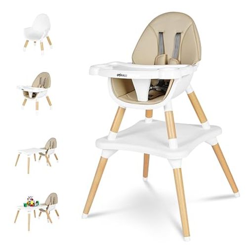6 in 1 Baby High Chair,Convertible Wooden High Chairs for Babies and Toddlers,Infant Dining Booster Seat,Building Block Table/Baby Highchair 4-Position Removable Baby Feeding Chair - Beige