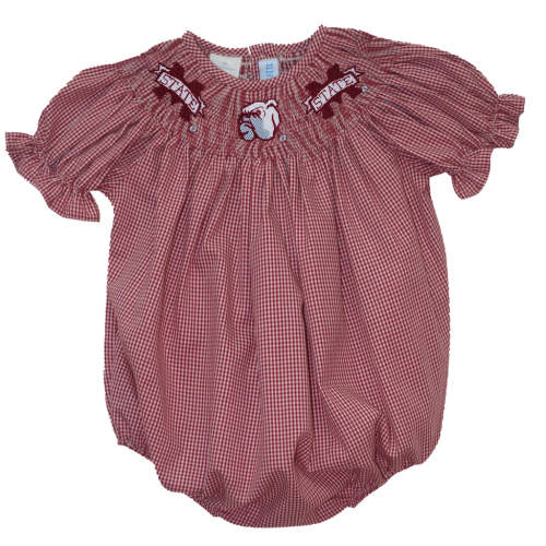 Mississippi State Smocked Maroon Gingham Short Sleeve Girls Bubble