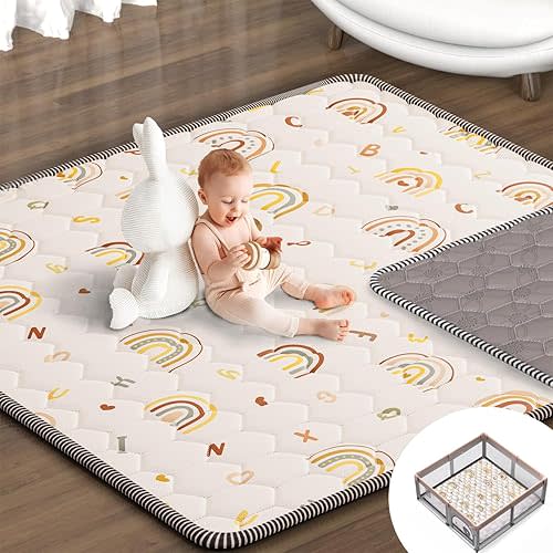 Boho Rainbow Baby Play Mat 50" X 50" Playpen Mat Thicken One-Piece Baby Crawling Mat Non-Slip Cushioned Baby Floor Mat with Lettters, Activity Playmats for Infants, Babies, Toddlers (50X50,Beige)