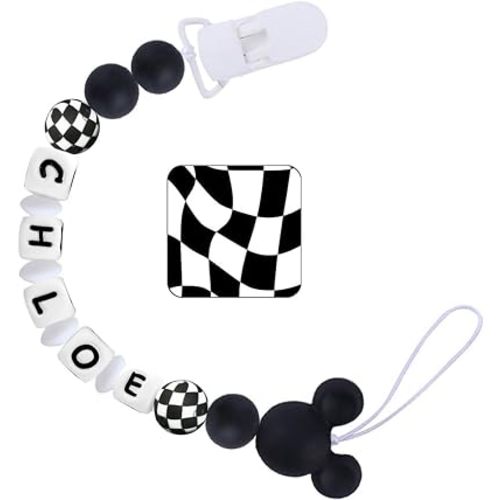 Personalized Pacifier Clip with Name Black Checkered Pacifier Holder Custom Name for Boy Mom Gift (Checkered)