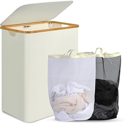 Laundry Hamper with Lid, 160L Tall Laundry Basket with Bamboo Handles for Clothes and Toys, Collapsible Laundry Hamper with 2 Inner Bags for Bedroom and Bathroom, Beige