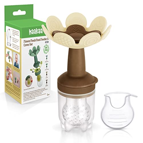 Haakaa Flower Baby Fresh Fruit Food Feeder |Breastmilk Popsicle Mold for Baby Cooling Relief| Silicone Baby Feeder with Pouch Cover for Milk Freezing, BPA Free (Oat)