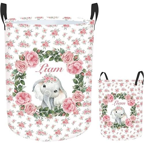 Custom Baby Girl Hamper with Name, 2 Sizes Personalized Name Laundry Baskets for Girls Boys Adults, Customize Elephant Baby Laundry Hamper Storage Organizer for Nursery