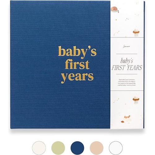 Lamare Baby First Year Book (Navy Linen Baby Memory Book for boy, 112 Pages) - Baby's First Year Book Photo Album from Pregnancy to Childhood Memory Book - Baby Journal for Baby Book Keepsake Gift