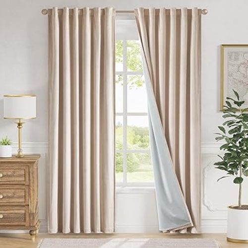 Lazzzy Beige Velvet Blackout Curtains 90 Inches Long Thermal Insulated Room Darkening Lined Curtain Drapes Luxury Back Tab Window Treatments for Bedroom Living Room 2 Panels, 52 x 90 Inch, Cream