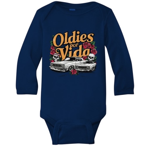 Oldies Por Vida Vintage Lowrider Car Mexican Chicano Cholo Baby Long Sleeve Bodysuit | TeeShirtPalace