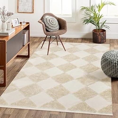 Collive Checkered Boho Rugs for Living Room, 5x7 Beige Large Area Rug Washable Modern Rug Cotton Woven Nursery Rug with Tassels, Soft Tufted Bedroom Carpet for Dorm Kids Room Dining Room Office