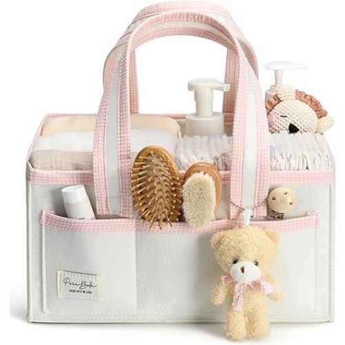 PeraBella Diaper Caddy Organizer with Handle, Baby Shower Gifts Basket Bag, Registry Search Must Haves Items, Nursery Storage Organizer for Newborn Girl Boy, Baby Bag Essentials, Car Diaper Caddy Cart