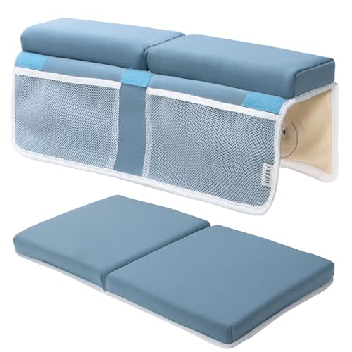Baby Bath Kneeler and Elbow Rest Pad Set - Thickest Bathtub Kneeler Pad with Memory Foam and Bath Toys Organizer - Ideal Bath Kneeling Pad for Bathing Baby - Relieve Your Knees and Elbows (Blue)