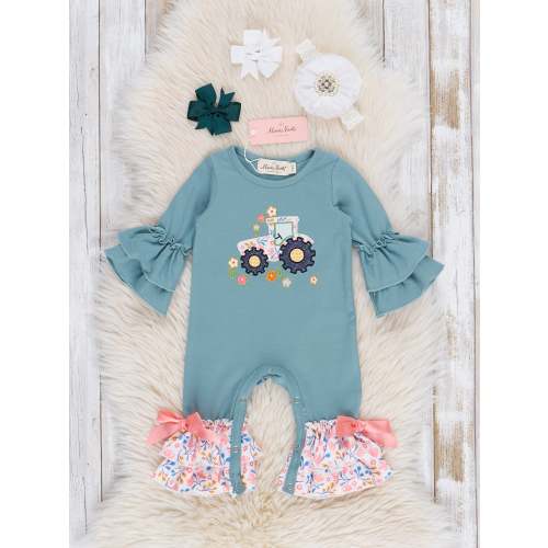 Soft Teal Floral Embroidered Tractor Romper