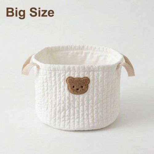 Alilang Soft Fabric Storage Basket with Embroidered Teddy Bear Design and Side Handles 9.8x9.8x12in - WhiteA
