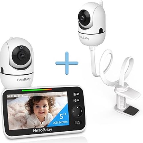 HelloBaby Clip Clamp Mount Baby Monitor with 2 Cameras, 5'' Screen, and 26-Hour Battery - No-WiFi Baby Monitor with Flexible Gooseneck Arm