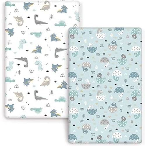 GRSSDER Stretchy Ultra Soft Jersey Knit Fitted Pack n Play Sheets Set 2 Pack, Portable/Mini Crib Sheets, Happy Dinosaurs for Girls and Boys