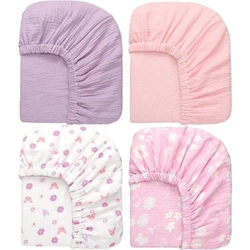 4 Pack 52''x28'' Muslin Crib Sheets Neutral Soft and Breathable Cotton Baby Sheets 9in Thick for Girl Boy Standard Fitted Crib Mattress(Purple Butterfly)