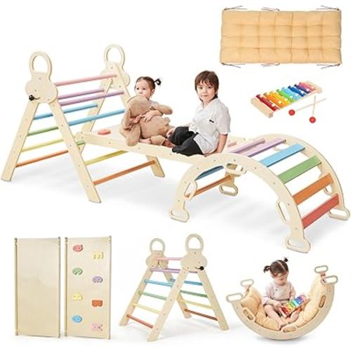 Pikler Triangle Set for kids, 8 in 1 Colorful Montessori Large Climbing Toys for Toddlers 1-6 Inside with Ramp, Arch and Foldable Climbing Triangle, Climbing Toys, Wooden Child Indoor Playground