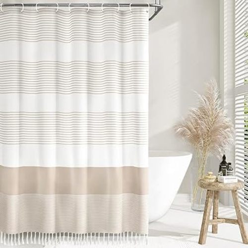Awellife Boho Beige Shower Curtain for Bathroom Stripe Knotted-Tassel Shower Curtain 72 X 72 Inches Natural Linen