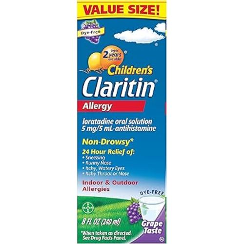 Claritin Children's Allergy Medicine, 24-Hour Non-Drowsy Loratadine 5mg, Antihistamine Liquid for Kids Aged 2 Years and Older, Grape Flavored, 8 fl oz.