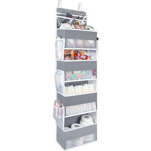 Univivi Over the Door Organizer, 5 Shelf Door Hanging Organizer Nursery Door Storage with 4 Large Compartments and 2 Small PVC Pockets 6 Side Pockets for Bathroom,Cosmetics and Nursery Baby Essential