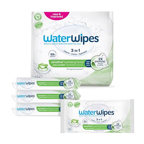WaterWipes Sensitive+ Hydrating Boost Wipes, 3-In-1 Cleans, Cares, Hydrates, 99% Water with Aloe Vera, Unscented & Hypoallergenic Baby Wipes, 360 Count (6 Packs)
