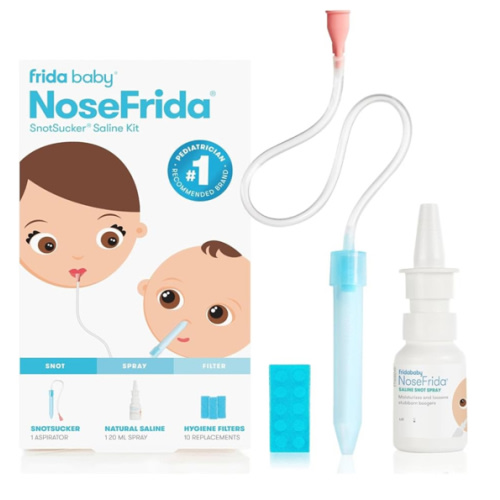 Frida Baby Saline Kit, Includes NoseFrida Nasal Aspirator for Baby, Baby Nose Sucker, Saline Nasal Spray for Babies with 10 Extra Hygiene Filters, Nasal Spray Decongestant, 0.68 fl oz