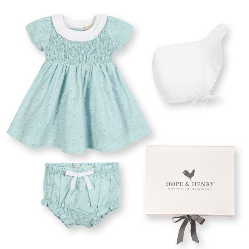 Hope & Henry Baby Short Sleeve Linen Dress with Ruffle Collar and Bonnet Boxed Gift Set, Tea Room Floral Bonnet Set, 0-3 Months