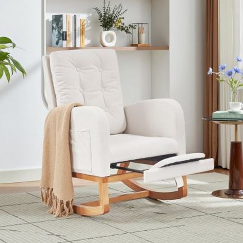 VECELO Modern Upholstered Rocking Chair with Padded Seat & Solid Wood Base, Linen Rocker Armchair for Living Room, White/Gray