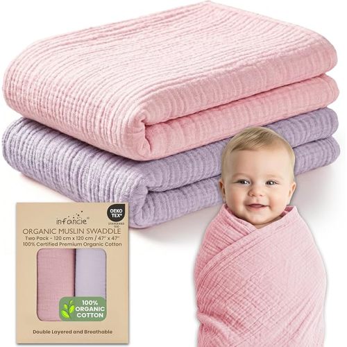 100% Organic Cotton Muslin Baby Blanket - 47 x 47 Inch Breathable Muslin Baby Girl Blanket, Hypoallergenic Double-Layer, Soft and Cozy Newborn Baby Blanket for Everyday Use (Rose/Peach)
