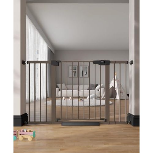 Cumbor 29.7–51.5" Extra Wide Baby Gate for Stairs, Pressure-Mounted Dog Gates for Doorways & Hallways, Auto-Close Walk-Through, No-Trip Design, Child Proof Safety, Dog/Pet Gate for Indoor Use, Brown