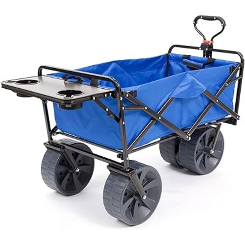 MacSports All Terrain Beach Wagon with Side Table|Heavy Duty Collapsible Folding Cart with Large Wheels for Beach Day, Picnic, Camping,Outdoor Activities | Blue/Black