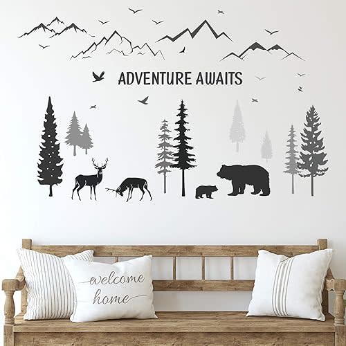 Tenare 3 Sheets Nursery Wall Decals Dreamy Forest with Pine Tree Animal Deer and Mountain Decals Inspirational Quote Wall Stickers DIY Wall Decals for Kids' Room Living Room Bedroom (Simple Style)