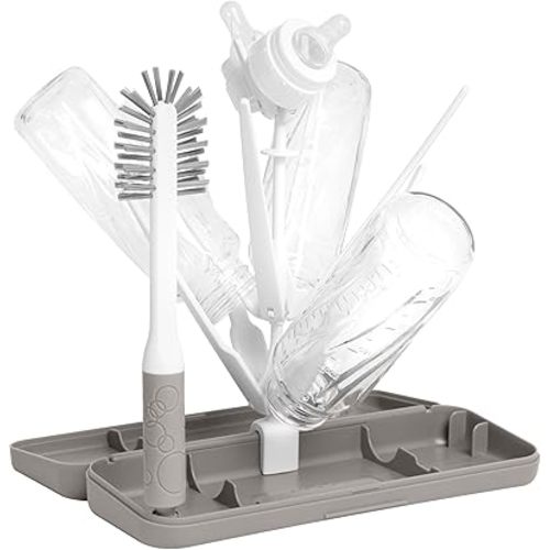Ubbi On-The-Go Drying Rack and Brush Set, Includes Travel Case and Bottle Brush for Compact Storage, Holds Up to 8 Bottles, Baby Travel Accessories, Taupe