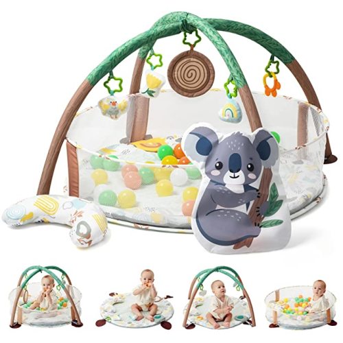 Lupantte 4-in-1 Baby Play Gym, Activity Gym Ball Pit with Detachable Anti-Slip Thickening Tummy Time Mat with Sensory Toys for Newborn Infant Toddler to Develop Motor&Cognition,Include 40 Balls - Koala