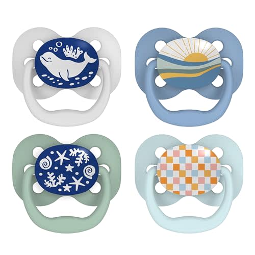 Dr. Brown's Advantage Baby Pacifier, Fully Symmetrical Soother with Soft Silicone Bulb, Glow-in-The-Dark Blue Sunrise-Blue Ocean, 0-6m, BPA-Free, 4-Pack