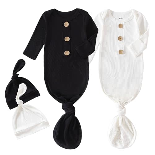 OPAWO Knotted Gown Baby Newborn Sleepers Baby Boy Coming Home Outfit, Bamboo Viscose Baby Gowns with Mitten Cuffs and Hat Set