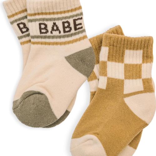 Lottie Dottie Baby, Toddler Half-Crew Cotton Socks 2-Pack | Checkered and Retro Stripe Socks | Unisex Novelty Socks