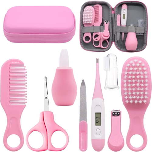 Baby Grooming Kit,Bexikou Pink 8Pcs Newborn Baby Care Accessories with Zipper Box, Baby Hair Nail Thermometer Care Set, Baby Healthcare Set for Newborn Infant, Toddler Girls & Boys