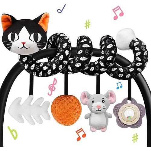 Car Seat Toys for Babies 0-6 Months,Hanging Rattle Toys for Crib Mobile, Baby Spiral Hanging Stroller Black and White High Contrast Toys for Newborn 0 3 6 9 12 Months Baby Boys Girls (Cat)