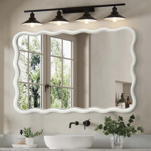 TEWLOSS Wavy Mirrors Wall Mirror, 36"x24" Bathroom Mirror Wood Framed, White