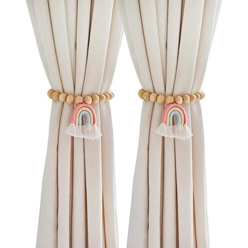 Boho Curtain Tiebacks - 2 Pack Boho Curtain Tie Backs for Curtain Pull Backs,Rainbow Tassel Curtain Tiebacks,Wood Bead Curtain Holdbacks No Drill Hooks