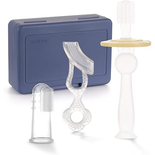 haakaa Training Toothbrush Set Oral Care Kit, Soft Silicone Toothbrush for Baby, Infants, Toddlers & Kids, Bluestone