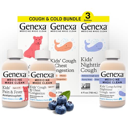 Genexa Kids' Clean Cough, Pain & Fever Acetaminophen Value 3-Pack, Dye Free, 0% Artificial Additives, Cough Care for Children, Fever & Pain Reliever, 12 fl oz (3 Bottles)