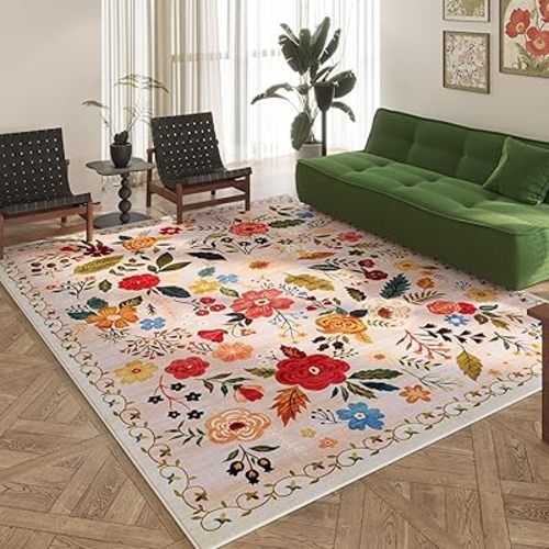 Area Rugs 9x12 Living Room Clearance Washable Boho Rug Non Slip Floral Vintage Low Pile Large Rug for Living Room, Bedroom, Farmhouse, Dining Room, Kids Playroom(Beige)