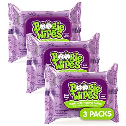 Boogie Baby Wet Wipes for Face, Hand, Body & Nose, Made with Vitamin E, Aloe, Chamomile & Natural Saline, Grape Scent, Purple, 30 Count, Pack of 3