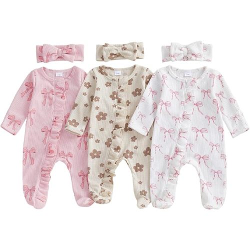 Newborn Baby Girl Clothes Bow Floral Footed Jumpsuit Ruffle Zipper Romper And Headband Cute 6pcs Coming Home Outfit