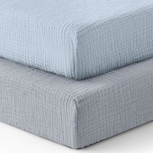 Blissful Diary Muslin Crib Sheets for Girl Boy, Boho Neutral Soft Cotton Baby Sheet for 52''x28'' Standard Crib Mattress, 2 Pack(Light Blue&Grey)