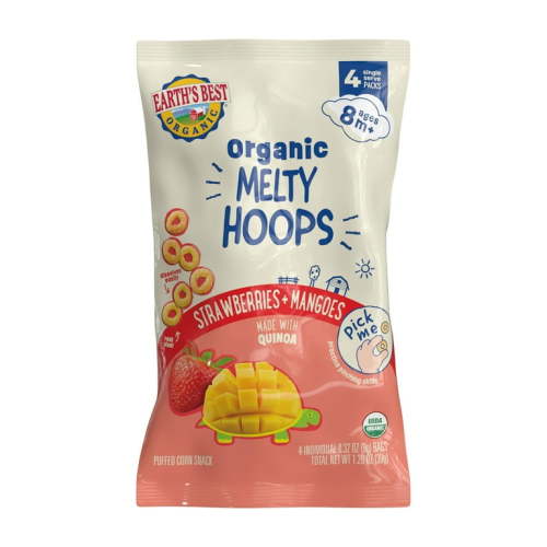 Earth's Best Organic Stage 3 Melty Hoops Bite-Sized Snacks for Babies 8+ Months, Strawberry Mango, 0.32 oz Individual Bags (4 Count)